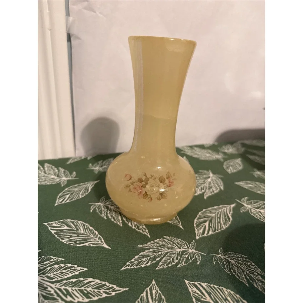 Vintage Genuine Alabaster Floral Rose Bud Vase Made in Italy Cream Stone 6.5in